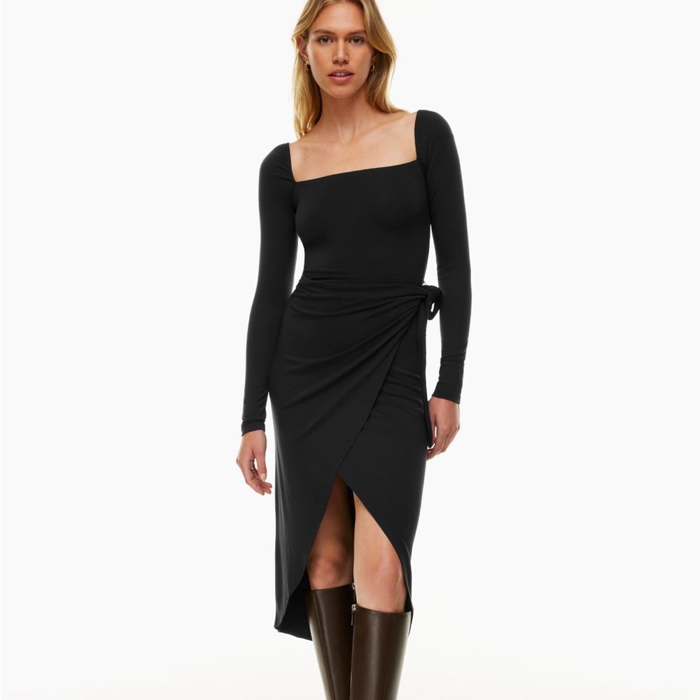 Aritzia Wilfred Saturn Longsleeve Midi Black Dress Size Large Wrap Tie High Low - Picture 1 of 6